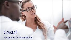  Presentation with visionary men - Theme enhanced with slide pharmaceutics - woman and men scienist background and a sky blue colored foreground