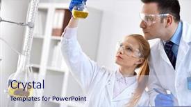  Presentation with laboratory chemical - Amazing PPT theme having slide pharmaceutics - young chemical student researcher holding backdrop and a sky blue colored foreground