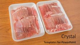  Presentation with dark vintage wood table texture - Slide deck with slide raw pork on wood background and a  colored foreground