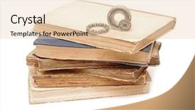  Presentation with books - Cool new PPT theme with baked sea fish mackerel on wooden background backdrop and a gray colored foreground