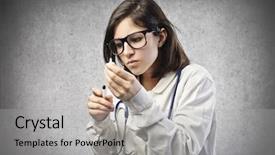  Presentation with checks - Slides enhanced with slidebooks - young researcher checks a syringe background and a light gray colored foreground