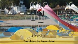  Presentation with slides - Presentation theme with slides on pedalo boats with beach in background background and a yellow colored foreground
