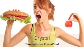  Presentation with hamburger - PPT theme enhanced with slim woman choosing between apple and hamburger background and a coral colored foreground