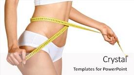  Presentation with slim body - PPT theme featuring slimming - woman measuring her waistline perfect background and a sky blue colored foreground