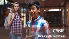  Presentation with bullying in school - Amazing presentation design having sling bag - portrait of classmate standing backdrop and a  colored foreground
