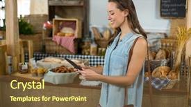  Presentation with using digital tablet - Colorful presentation design enhanced with sling bag - smiling woman standing at counter backdrop and a  colored foreground