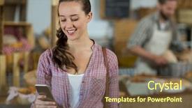  Presentation with phone - Slides having sling bag - smiling woman using mobile phone background and a  colored foreground