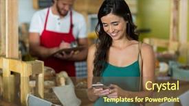  Presentation with phone - Audience pleasing PPT layouts consisting of sling bag - smiling woman using mobile phone backdrop and a tawny brown colored foreground
