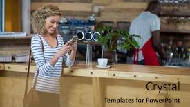  Presentation with bag - Presentation consisting of sling bag - woman using mobile phone background and a  colored foreground