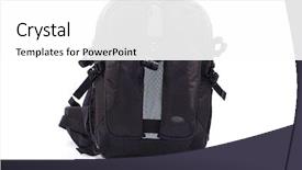  Presentation with backpack - Amazing slides having sling shot - black backpack isolated on white backdrop and a  colored foreground