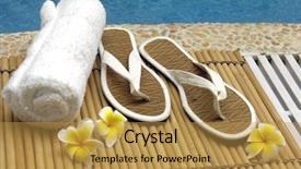  Presentation with frangipani flowers - Cool new PPT layouts with slipper with frangipani flowers and towel on bamboo mat near swimming pool in hotel backdrop and a gold colored foreground