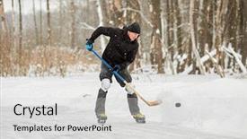  Presentation with puck - Presentation theme consisting of frozen slide - hockey player at outdoor skating background and a light gray colored foreground