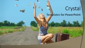  Presentation with air - Beautiful presentation theme featuring slips trips falls - shocked woman throwing dollars backdrop and a light blue colored foreground