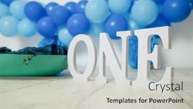  Presentation with 1st birthday - PPT theme featuring sliver-blue-and-white-decoration background and a light gray colored foreground