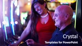  Presentation with gambling machine - Presentation design consisting of slots - elderly couple gambling on slot background and a navy blue colored foreground