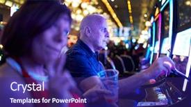  Presentation with machines - Presentation enhanced with slots - elderly tourist playing slot machines background and a navy blue colored foreground