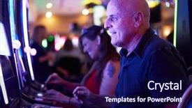  Presentation with machines - PPT theme consisting of slots - elderly tourist playing slot machines background and a navy blue colored foreground