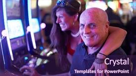  Presentation with slot machine - Colorful presentation design enhanced with slots - portrait of elderly gambler couple backdrop and a violet colored foreground