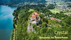  Presentation with resort - Cool new slides with slovenia-aerial-view-resort-lake backdrop and a tawny brown colored foreground