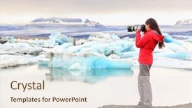  Presentation with photograph - Presentation theme consisting of slr camera on iceland background and a sky blue colored foreground