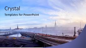  Presentation with construction and electric services - Theme with construction site of the new slussen in stockholm sweden early morning with fog background and a light blue colored foreground