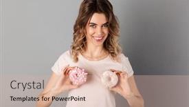  Presentation with sly - PPT theme enhanced with sly smiling woman in t-shirt showing donuts and looking at the camera over grey background background and a lemonade colored foreground