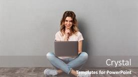  Presentation with sly - Slide deck featuring sli - sly smiling woman in t-shirt background and a gray colored foreground