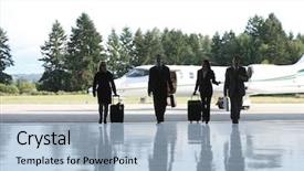  Presentation with jet - Audience pleasing slide deck consisting of small airport - group of businesspeople walking backdrop and a light blue colored foreground