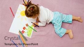  Presentation with pencils - Beautiful presentation theme featuring small beautiful girl draws pencils on paperon lying on floor backdrop and a soft green colored foreground