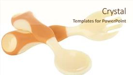  Presentation with babies - Slide set having small beige spoon and fork for babies isolated on white background and a cream colored foreground