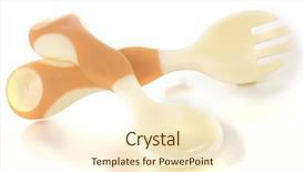  Presentation with babies - Cool new presentation design with small beige spoon and fork for babies isolated on white backdrop and a cream colored foreground