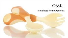  Presentation with babies - Theme consisting of small beige spoon and fork for babies isolated on white background and a white colored foreground