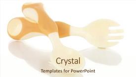  Presentation with babies - Amazing presentation design having small beige spoon and fork for babies isolated on white backdrop and a cream colored foreground