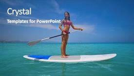  Presentation with naughty girl is standing - Audience pleasing PPT layouts consisting of small blue wave white background - girl standing on paddle surf backdrop and a ocean colored foreground