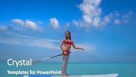  Presentation with naughty girl is standing - Amazing slide deck having small blue wave white background - girl standing on paddle surf backdrop and a teal colored foreground