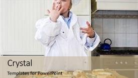  Presentation with taste - Audience pleasing PPT layouts consisting of small boy dressed as a chef licking his fingers illustrating how good the bread he baked will taste backdrop and a coral colored foreground