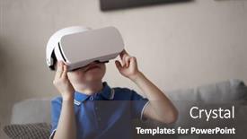  Presentation with virtual reality - Colorful slide deck enhanced with small-boy-in-virtual-reality backdrop and a dark gray colored foreground