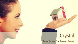  Presentation with house - Slide set having small business loans - beautiful young woman holding house background and a  colored foreground