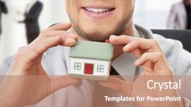  Presentation with work happy hour - Slide set consisting of small business loans - happy businessman with house model background and a coral colored foreground