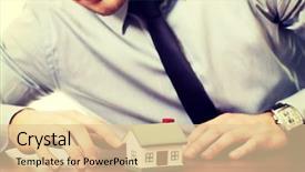  Presentation with desk - Audience pleasing slides consisting of small business loans - happy businessman with house model backdrop and a lemonade colored foreground