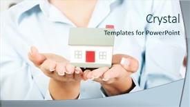  Presentation with house - Amazing slide set having small business loans - happy businesswoman presenting a house backdrop and a sky blue colored foreground