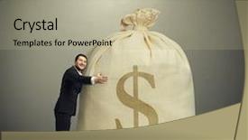  Presentation with dark grey - Audience pleasing slide deck consisting of small business loans - happy man embracing big bag backdrop and a mint green colored foreground