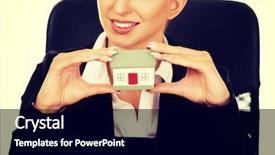  Presentation with house - PPT theme enhanced with small business loans - young smile businesswoman presenting background and a  colored foreground