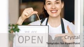  Presentation with covid - Cool new PPT theme with small-business-owner-smiling backdrop and a light gray colored foreground