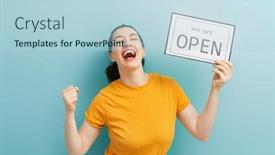  Presentation with covid - Slide deck enhanced with small-business-owner-smiling background and a light blue colored foreground