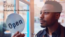  Presentation with open door - PPT theme enhanced with small-business-owner-turning-around background and a lemonade colored foreground