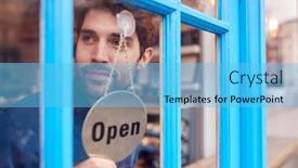  Presentation with open door - Cool new PPT layouts with small-business-owner-turning-around backdrop and a light blue colored foreground