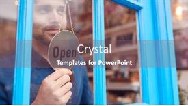  Presentation with open door - Amazing PPT theme having small-business-owner-turning-around backdrop and a violet colored foreground