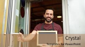  Presentation with man door - Beautiful presentation theme featuring small business people and service concept - happy man or waiter with blackboard at bar or restaurant entrance door backdrop and a coral colored foreground