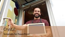  Presentation with man door - Colorful presentation enhanced with small business people and service concept - happy man or waiter with blackboard at bar or restaurant entrance door backdrop and a coral colored foreground